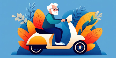 Oldster, A cheerful elderly person enjoying a scooter ride in a flat illustration style.