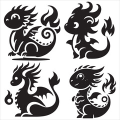 Fototapeta premium Baby Dragon vector silhouette, simple black an white baby dragon vector silhouette isolated on a white background, Cute dragon coloring page vector art illustration coloring book design