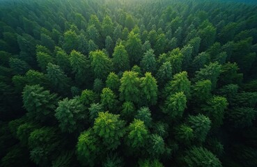 Aerial view of rich green forest canopy, treetops in sunlight. Abundant natural ecosystem of rainforest. Nature concept, forest preservation, reforestation, environment, ecology, fresh air.