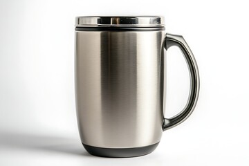 Stainless steel mug with lid and handle isolated on white background for hot and cold drinks