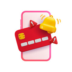 Vector cartoon 3d credit card notification mobile app. Realistic 3d render credit, exclamation mark in red triangle and ringing bell on smartphone screen. Card expire soon notice, fraud warning sign.