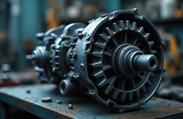 Closeup disassembled car automatic transmission gear on workbench. Vehicle part detail at garage or repair factory. Complex industrial mechanism background. Service, maintenance, fix.