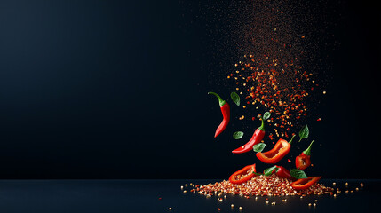 AI generated image of chili. Artistic arrangement of floating chili peppers, sliced and whole, with seeds scattered around, Fresh chili pepper and paprika fiery spice theme, Overhead view of whole 