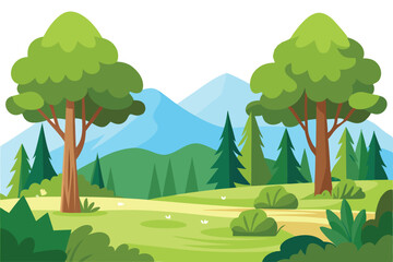 Obraz premium Peaceful Cartoon Landscape with Mountains Trees and Grass