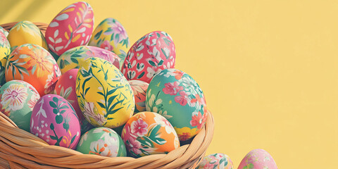 Floral-patterned Easter eggs in wicker basket against yellow background, showcasing spring festivity and celebrationFree space for text or design