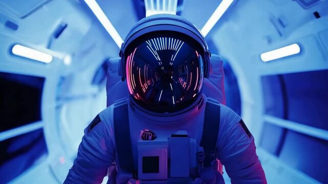 An astronaut navigates a vibrant modern spacecraft adorned with glowing lights, showcasing advanced technology in a futuristic setting