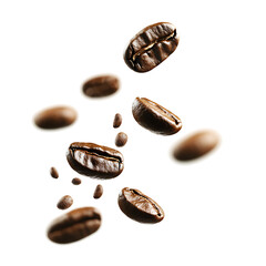 Fototapeta premium Close-up view of roasted brown coffee beans in mid-air captured against a bright white background.