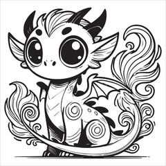 Fototapeta premium Baby Dragon vector silhouette, simple black an white baby dragon vector silhouette isolated on a white background, Cute dragon coloring page vector art illustration coloring book design