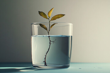 A surreal image of a delicate plant growing inside a glass of water, symbolizing growth, nature, and resilience. The artistic lighting and soft tones evoke a sense of tranquility and inspiration.