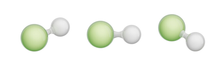 Molecule of Hydrogen Fluoride. Set of views. Molecular formula: HF. Chemical model: Ball and stick. Isolated. Transparent background. 3D illustration