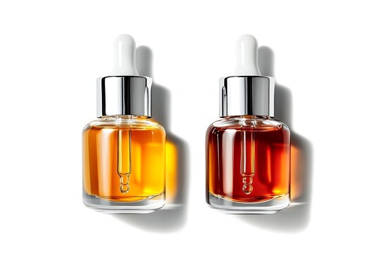 Two serum bottles with dropper for skincare and beauty routine on white background