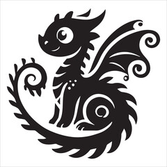 Baby Dragon vector silhouette, simple black an white baby dragon vector silhouette isolated on a white background, Cute dragon coloring page vector art illustration coloring book design