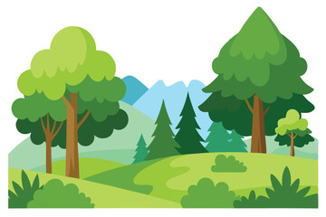 Scenic Cartoon Landscape with Green Trees, Mountains, and Rolling Green Hills