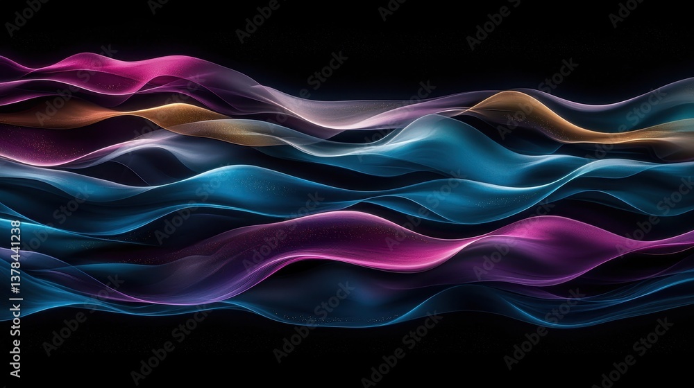 Poster abstract dynamic waves in vibrant colors illustrating sound spectrum and radiant energy on dark back