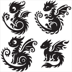 Obraz premium Baby Dragon vector silhouette, simple black an white baby dragon vector silhouette isolated on a white background, Cute dragon coloring page vector art illustration coloring book design