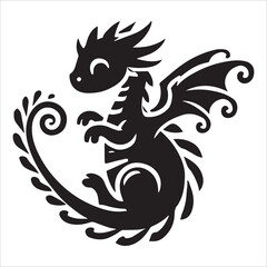 Baby Dragon vector silhouette, simple black an white baby dragon vector silhouette isolated on a white background, Cute dragon coloring page vector art illustration coloring book design