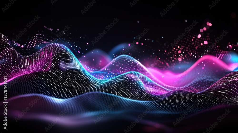 Poster vibrant abstract sound wave spectrum in radiant retro synth style with dynamic colorful particle eff