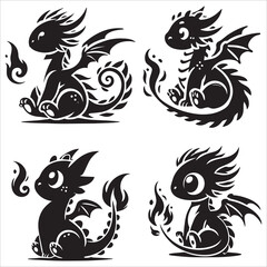 Obraz premium Baby Dragon vector silhouette, simple black an white baby dragon vector silhouette isolated on a white background, Cute dragon coloring page vector art illustration coloring book design