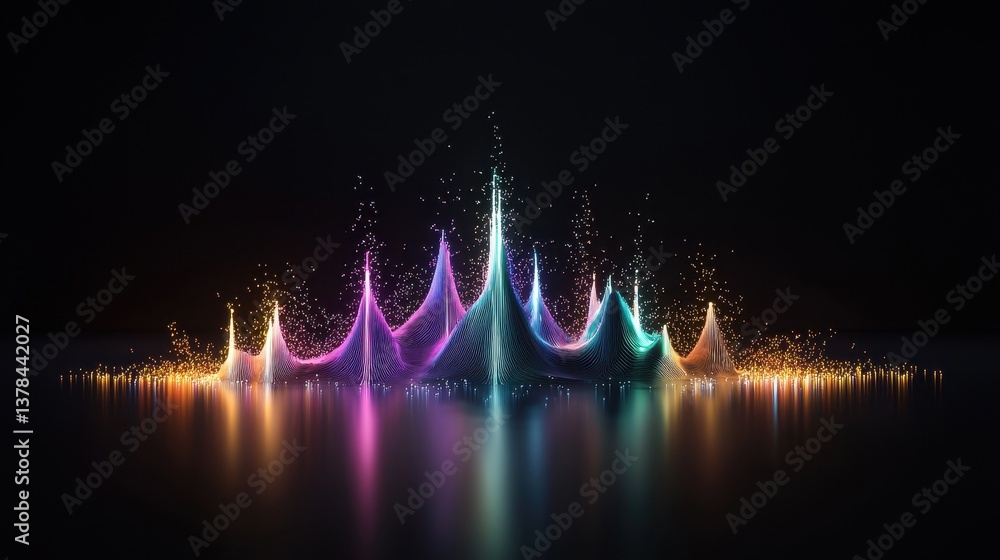 Poster abstract visualization of digital audio frequencies in vibrant colors and dynamic shapes on dark bac