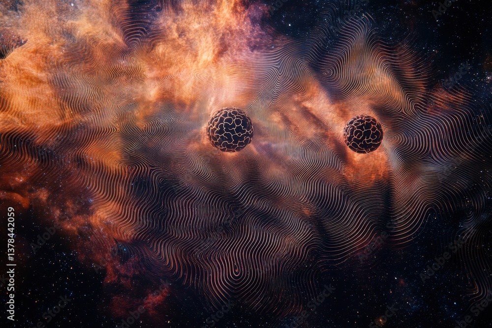 Poster cosmic phenomena with swirling patterns and celestial bodies in a vibrant universe
