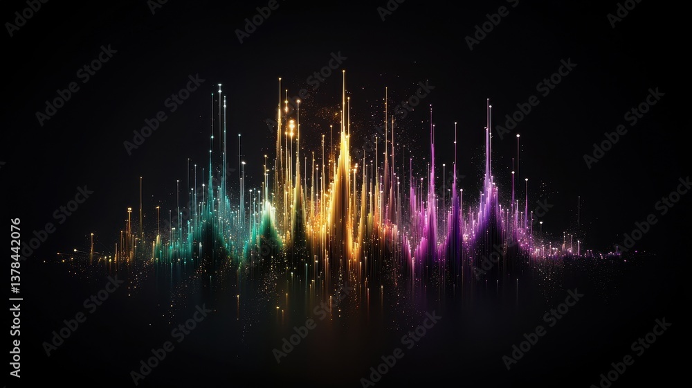 Poster abstract digital visualization of audio frequencies in vibrant colors with artistic glowing effects