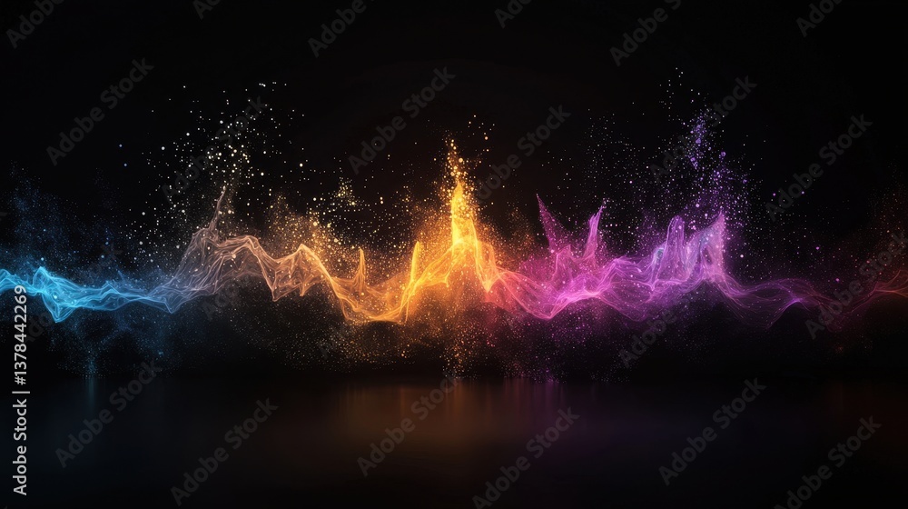 Poster abstract digital visualization of audio frequencies in vibrant colors on a dark background