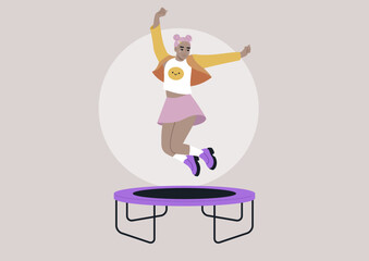 Naklejka premium A joyful young woman in pastel clothes jumping with her arms raised high above her head on a trampoline