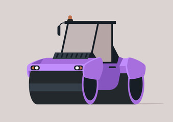 An asphalt paver in a striking purple finish is actively paving a new road, reflecting creativity and innovation in construction during the bright morning hours