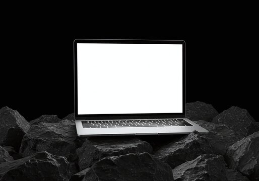 A laptop with a bright screen rests on a pile of dark stones. The laptop has a blank, bright screen which provides a space for your text or any graphic designs.