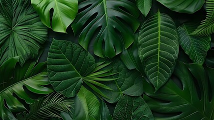 Various green leaves arranged artistically on a flat surface in natural light, showcasing diverse textures and shapes Generative AI