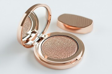 Open rose gold shimmer powder compact with mirror for highlighting and makeup application