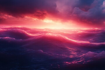 Naklejka premium Vibrant sunset over turbulent ocean waves reflecting pink and purple hues