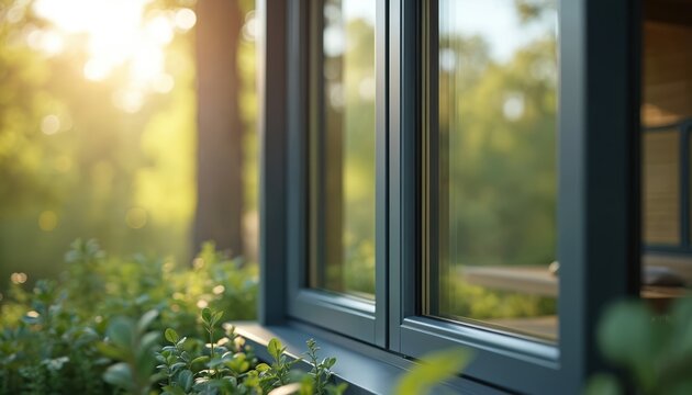 Fototapeta Modern window design maximizes natural daylight minimizes heat loss. Eco-friendly glass pane reflects exterior green landscape. Energy efficient window for home insulation, thermal reduction,