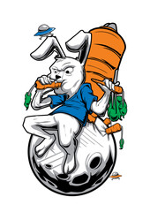 Cartoon Rabbit on the Moon with Carrot Backpack and UFOs