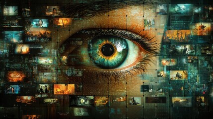 Intense gaze confronting matrix of media thumbnails in contrasting cool and warm colors
