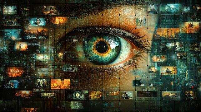 Intense gaze confronting matrix of media thumbnails in contrasting cool and warm colors