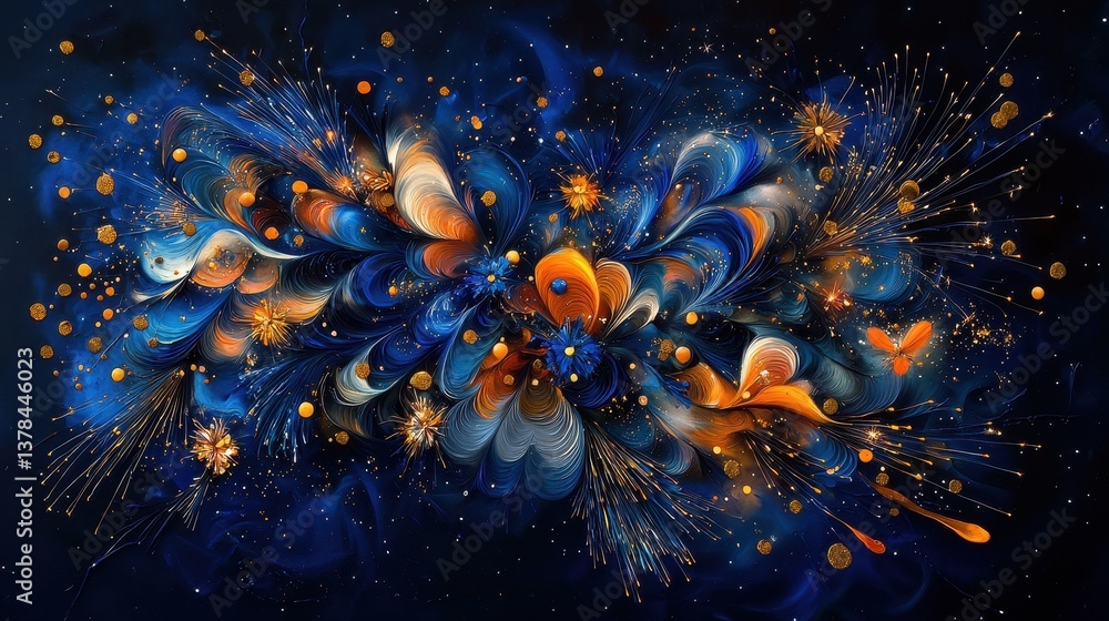 Poster enchanting fireworks display set against a deep blue background with vibrant swirls and sparkling el