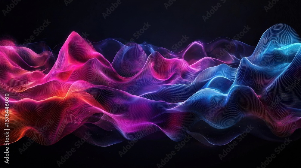 Poster dynamic sound wave visualization in vibrant colors and fluid motion for modern digital backgrounds