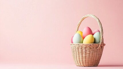 Naklejka premium A basket filled with pastel-colored eggs sitting on a soft pink background