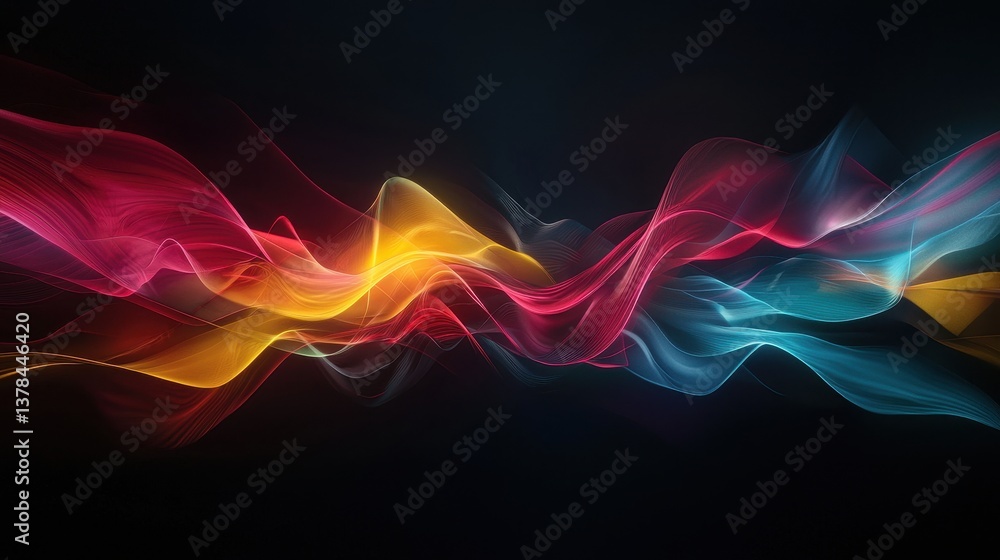 Poster luminous energy waves in vibrant colors representing dynamic soundwave concepts with ethereal flowin