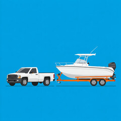 A white pickup truck pulls a boat on an orange trailer.