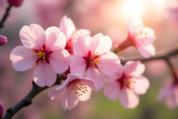 Stunning Close-Up of Pink Cherry Blossoms, Highlighting Translucent Petals and Golden Stamens in Sunlit Spring Scene