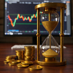 Gold coins, hourglass and financial graph on the screen.