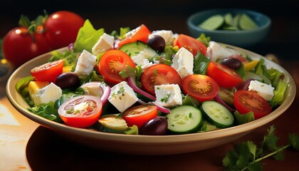 frischer Salat mit Tomaten, Gurken und Schafskäse