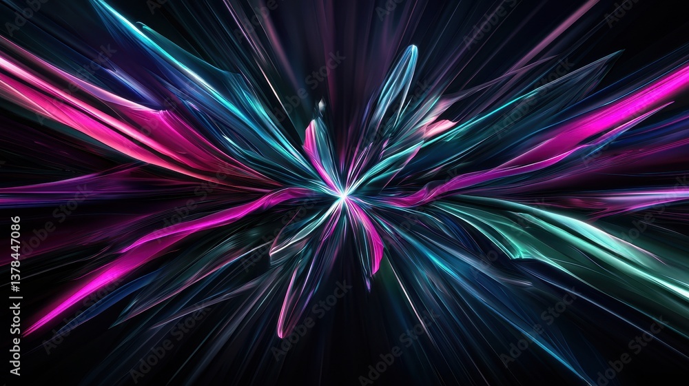 Poster luminous energetic laser beam concept creating colorful soundwave patterns in dark space