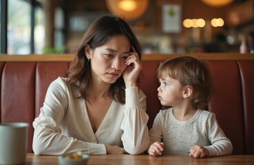 Stressed mother with child in restaurant booth. Woman looks worried, child looks aside. Motherhood challenges, parenting stress, emotional bond between mom daughter. Problem, bad day for family at