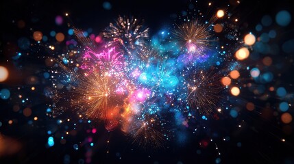 Naklejka premium Vibrant Fireworks Lighting Up the Midnight Blue Sky with Sparkles and Dazzling Colors