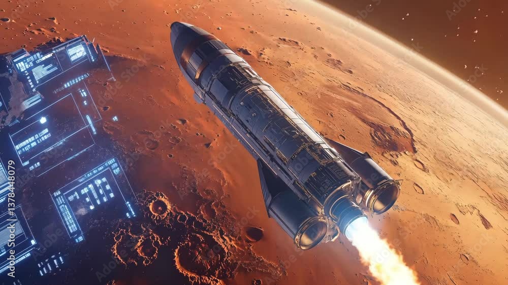 Poster a rocket ascends into the atmosphere, with an alien planet surface and digital interfaces visible in