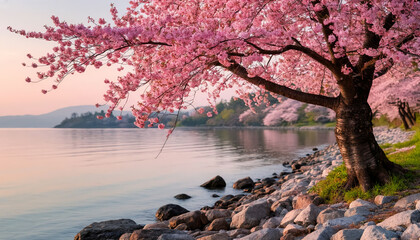 Cherry blossoms along a tranquil lake at sunset.