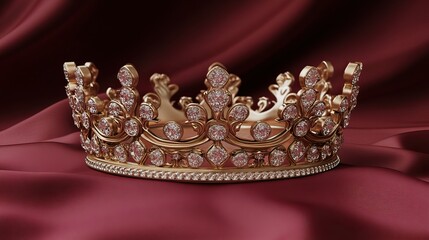 Obraz premium A classic queen's diamond crown with ornate patterns, set on a luxurious pink velvet surface